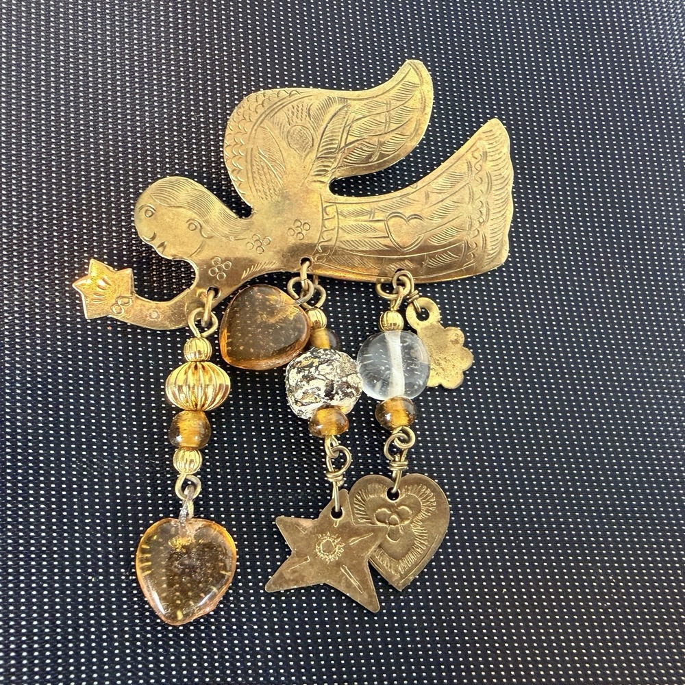 Handcrafted Gold‎ Metal Angel Brooch Pin With Beads Unsigned